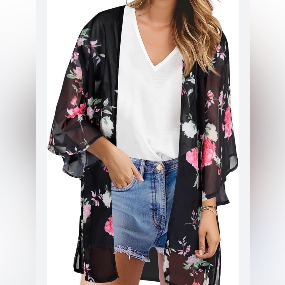 Women’s Floral Kimono Cardigan Size Large Beach Cover-up Vacation Open Front